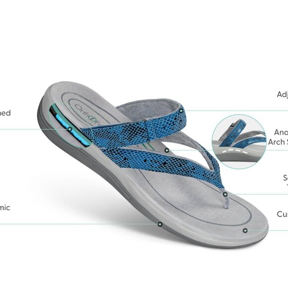 Orthofeet Gaya Thong Sandals Womens 9.5 WIDE Blue Snake Print Comfort - Picture 2 of 9